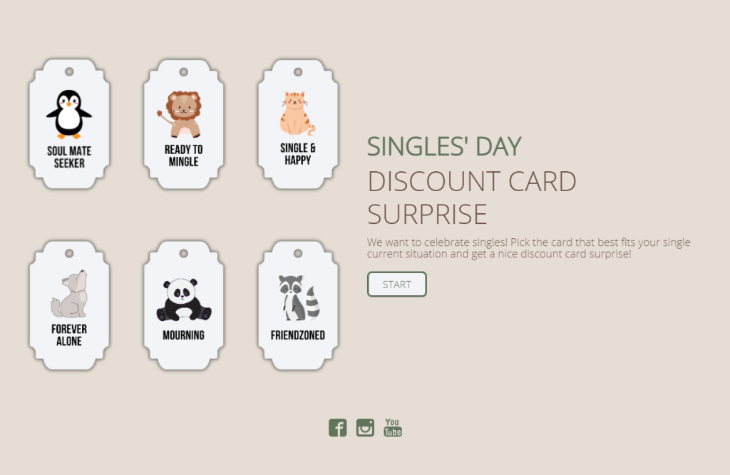 This is a screenshot of a Discount Code Surprises experience made from a template that can be used for your Singles' Day Marketing campaigns - the template is available on Dot.vu/marketplace