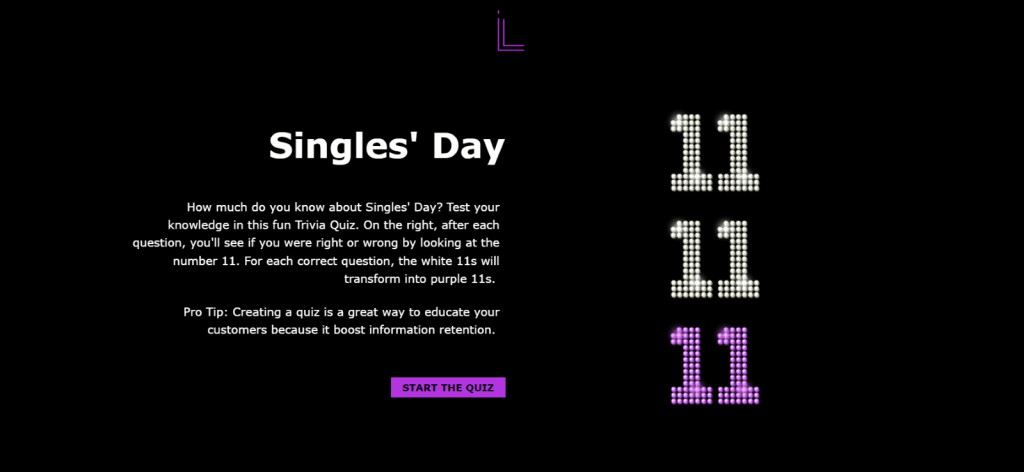 This is a screenshot of an Quiz experience made from a template that can be used for your Singles' Day Marketing campaigns - the template is available on Dot.vu/marketplace