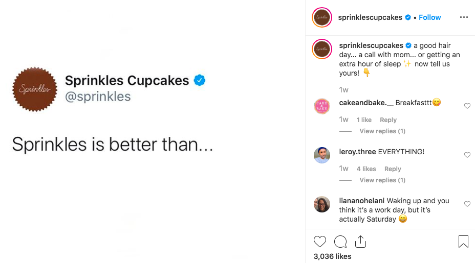 comment section of sprinkles cupcake instagram