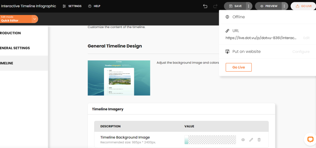 How to publish interactive timeline infographic on Dot.vu quick editor